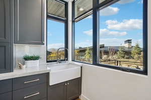 Bathroom featuring a mountain view and vanity