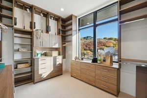 Spacious closet with light colored carpet