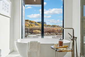 Bathroom view of a freestanding bath and baseboards