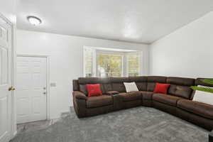 Living area featuring carpet and a textured ceiling