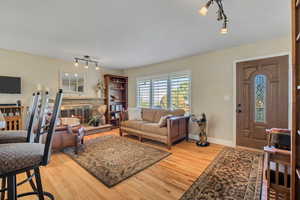 Living area featuring a fireplace, light wood finished floors, and rail lighting