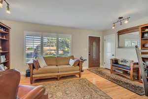 Living room featuring rail lighting and light wood-style flooring
