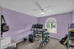 Rec room featuring carpet and a ceiling fan