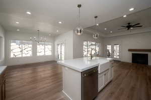 Kitchen featuring open floor plan, stainless steel dishwasher, a fireplace, dark wood-style flooring, and hanging light fixtures