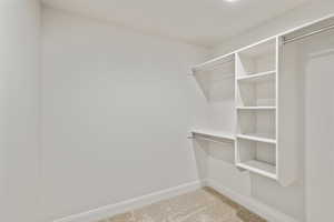 Spacious closet featuring light colored carpet