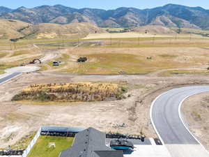 Aerial view of sparsely populated area with a mountain backdrop