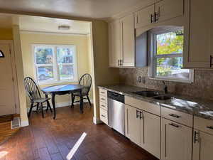 Kitchen with stainless steel dishwasher, dark wood-style flooring, decorative backsplash, granite counters, and white cabinets