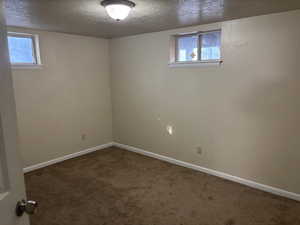 Below grade area with a textured ceiling and dark carpet