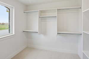 Spacious closet featuring light colored carpet