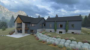 Back of property with a patio, stairs, a lawn, stucco siding, and a balcony