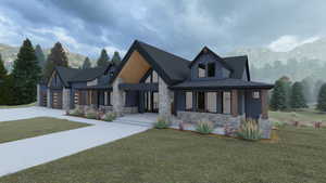 View of front facade with stone siding, a standing seam roof, and a front lawn