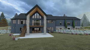 Rear view of property with a patio, stairway, a lawn, a mountain view, and stone siding