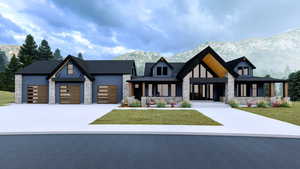 View of front of house featuring stone siding, a porch, a mountain view, concrete driveway, and a front lawn