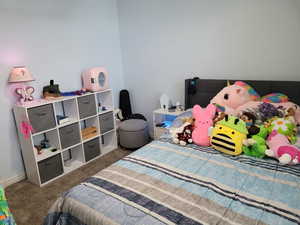 Bedroom featuring dark colored carpet