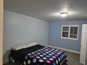 Bedroom featuring carpet flooring and a textured ceiling