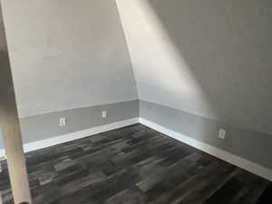 Spare room with dark wood finished floors and lofted ceiling