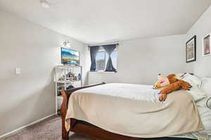 Bedroom with carpet and a textured ceiling