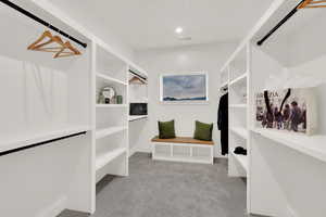 Spacious closet with light colored carpet