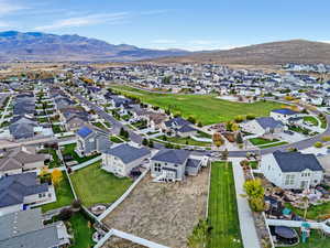 Aerial perspective of suburban area featuring mountains