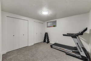 Workout room with a textured ceiling and carpet floors
