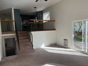 Set of stairs up to level 1 and stairs down to basement level 2