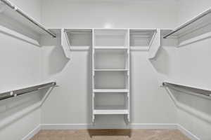 Walk in closet with light colored carpet