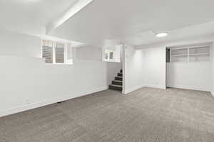 Basement with light colored carpet and stairs