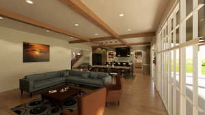 Living area with lots of windows and natural light, featuring beam ceiling, light wood-style flooring, and recessed lighting