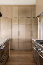 Upgraded cabinetry with wood-like paneled refrigerator & freezer and built-in storage shelving