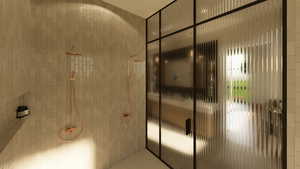 Primary ensuite view of tiled shower & textured glass enclosure