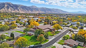 Aerial view of residential area with mountains