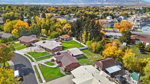 Aerial view of residential area with a mountain backdrop