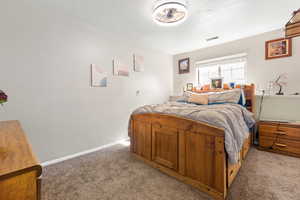 Bedroom featuring carpet and a textured ceiling