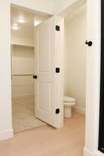 Bathroom with a spacious closet and light wood-type flooring
