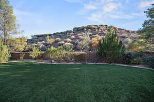 View of grassy yard with a mountain view
