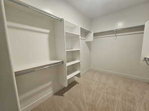 Spacious closet featuring light colored carpet