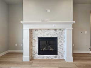 Detailed view of a glass covered fireplace and wood finished floors