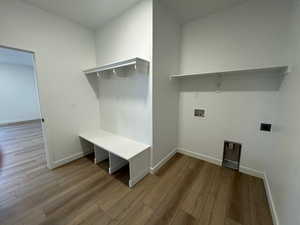 Washroom featuring hookup for a washing machine, light wood finished floors, and electric dryer hookup