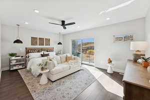 Bedroom with recessed lighting, access to outside, dark wood finished floors, and ceiling fan