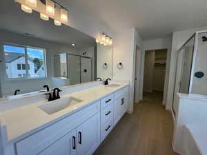 Bathroom featuring a stall shower, a spacious closet, double vanity, dark wood-style flooring, and a bath