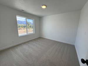 Carpeted empty room with a textured ceiling and a mountain view