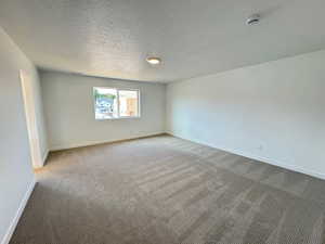 Carpeted empty room with a textured ceiling and a smoke detector