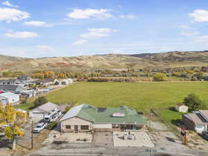 Drone / aerial view of a mountainous background