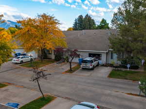 View of front of property with driveway, a front lawn, and a shingled roof