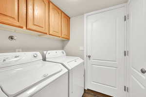 Washroom featuring washer and dryer, dark wood-style floors, and cabinet space
