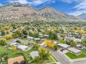 Aerial perspective of suburban area with mountains