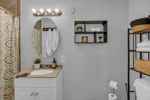 Bathroom featuring vanity and curtained shower