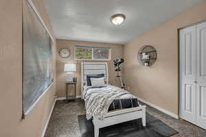 Bedroom with carpet flooring, a textured ceiling, and a closet