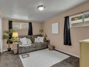 Living area featuring carpet flooring and baseboards