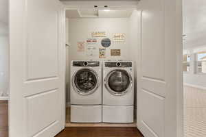 Laundry area featuring dark wood-type flooring and independent washer and dryer